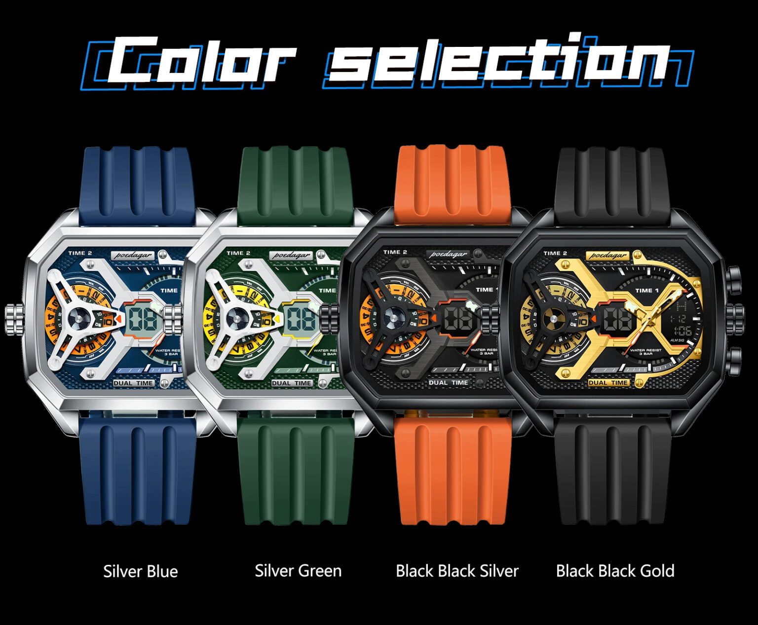 POEDAGAR sporty men's watch, dual-time luminous display